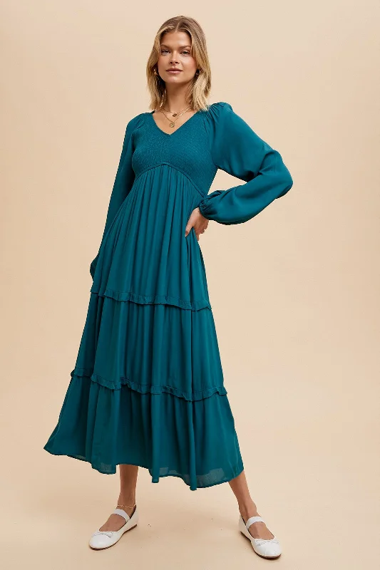 Emerald Smocked Tiered Midi Dress Fashionable Casual Midi Dress