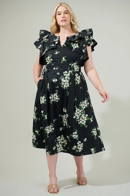 Emery Floral Santana Tie Back Midi Dress Curve Fashionable One-Shoulder Midi Dress