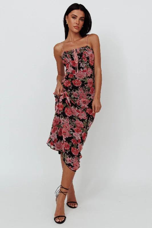 Essence String Tie Bust Maxi Dress Floral Black Fashionable Chiffon Tiered Maxi Dress