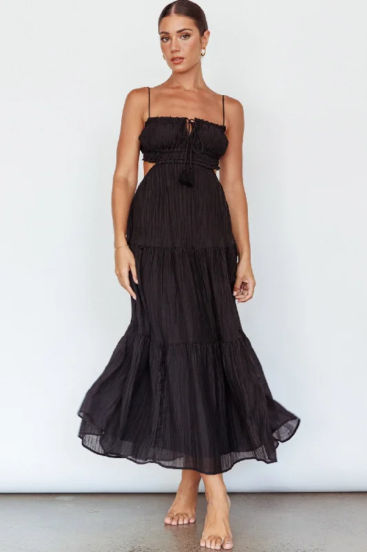 Eyona Cut-Out Waist Tie Maxi Dress Black Comfortable Casual Maxi Dress