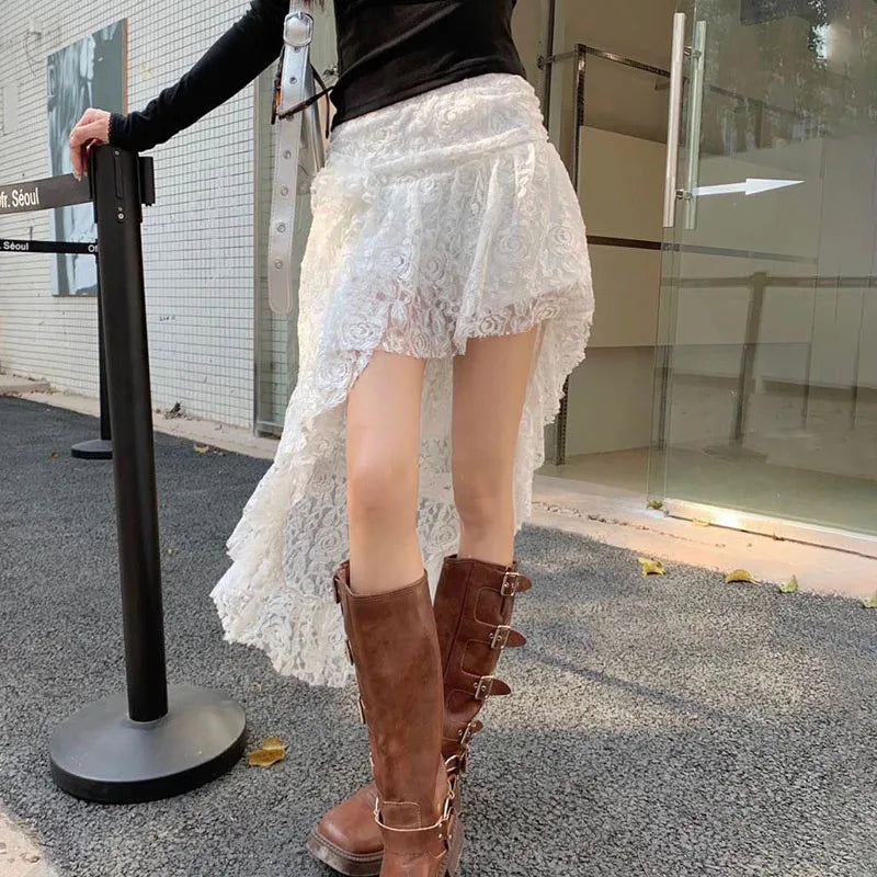 Fashion Lace Double-deck Irregular See Through White Patchwork Mini Dress Fashionable Pleated Mini Dress