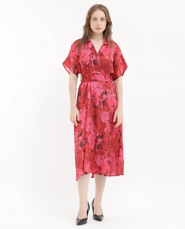 Rareism Women Felik Red Polyester Fabric Short Sleeves Button Closure Lapel Neck Extended Sleeve Relaxed Fit Floral Print Midi Dress Cozy Knit Midi Dress