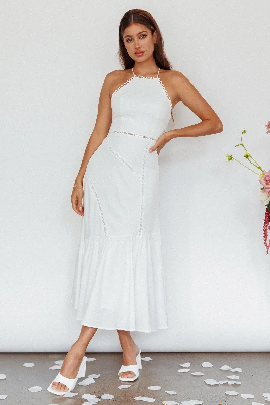 Felini Criss-Cross Back Flounce Midi Dress White Elegant Pleated Sleeve Midi Dress