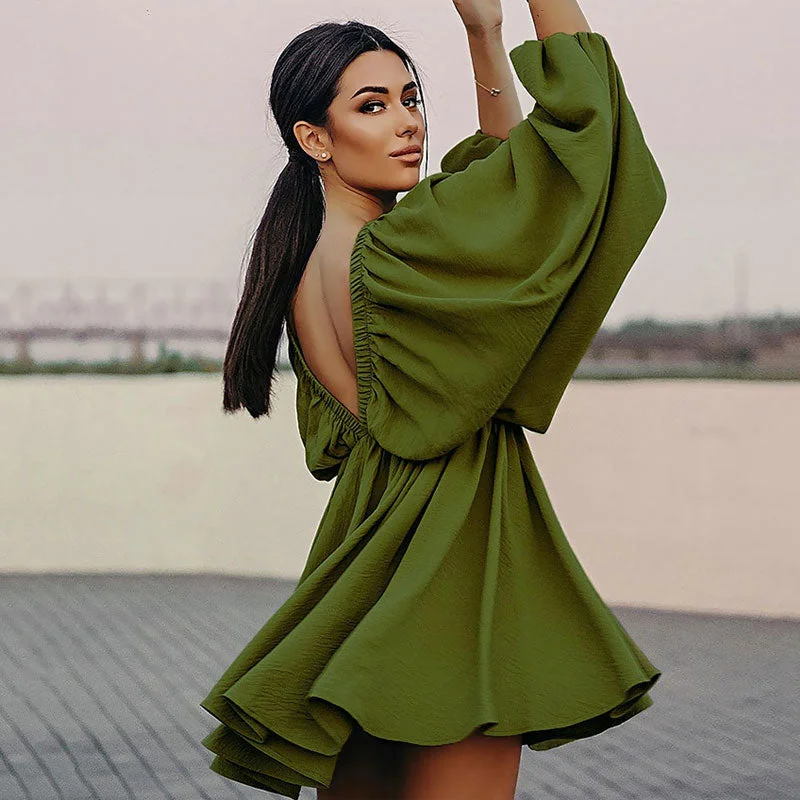 BerryBetty - Flowy Textured Ruched Ruffle Deep V Butterfly Sleeve Mini Dress - Green Stylish Sweetheart Mini Dress
