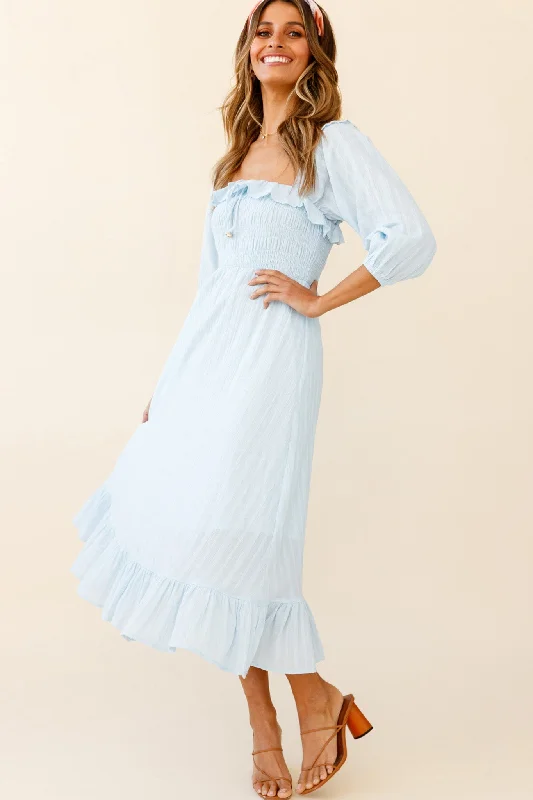 Flynn Off-Shoulder Shirred Bust Midi Dress Ice Blue Elegant Faux Wrap Midi Dress