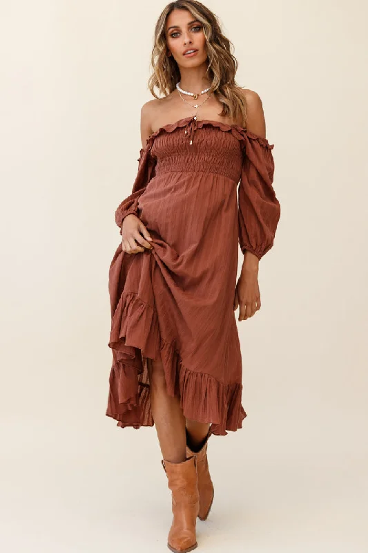 Flynn Off-Shoulder Shirred Bust Midi Dress Tan Comfortable Adjustable Strap Midi Dress