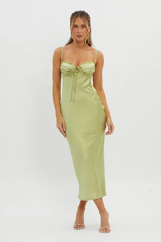 Fortune Lace Trim Bust Tie Midi Dress Lime Trendy Off-Shoulder Ruffle Midi Dress