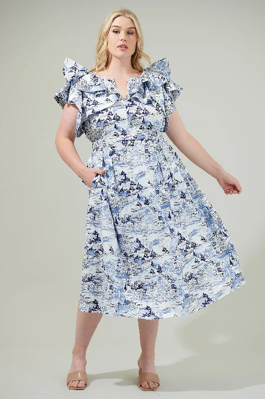 Francine Toile Sky Santana Tie Back Midi Dress Curve Elegant Lace Trim Midi Dress