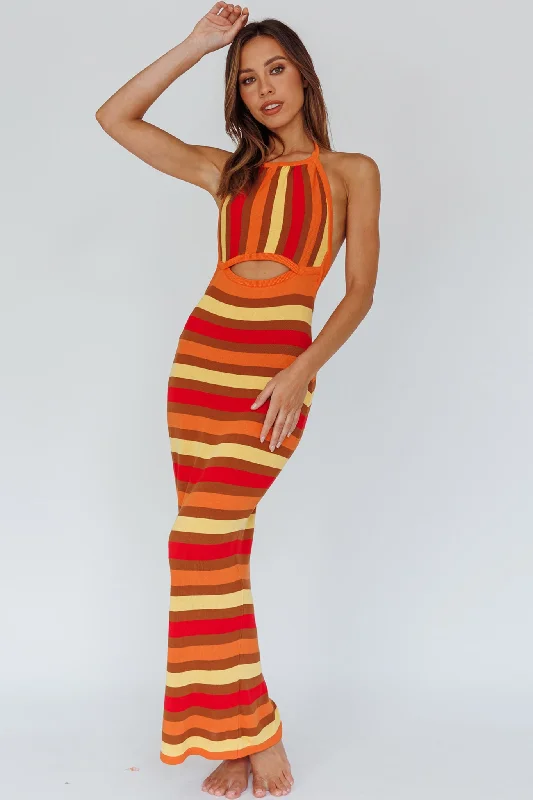 French Riviera Halterneck Knit Maxi Dress Brown/Orange Comfortable Pleated Maxi Dress French Riviera Halterneck Knit Maxi Dress Brown/Orange Comfortable Pleated Maxi Dress