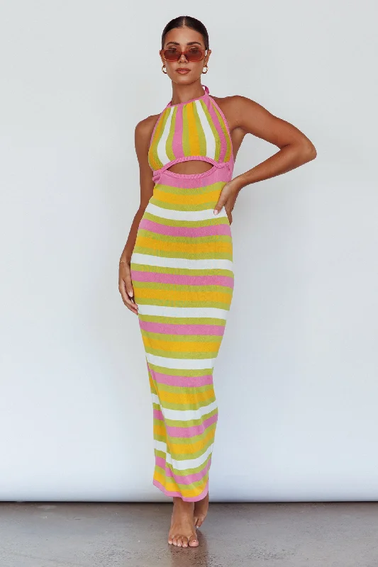 French Riviera Halterneck Knit Maxi Dress Green/Purple Comfortable Fitted Maxi Dress French Riviera Halterneck Knit Maxi Dress Green/Purple Comfortable Fitted Maxi Dress