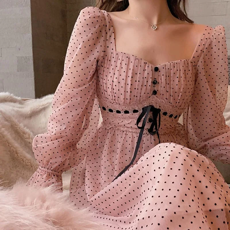 DressBetty - French Vintage Midi Dress Women Puffer Sleeve Square Collor Office Elegant Dress Female Autumn Dot One Piece Dress Korean Trendy Tiered Hem Midi Dress