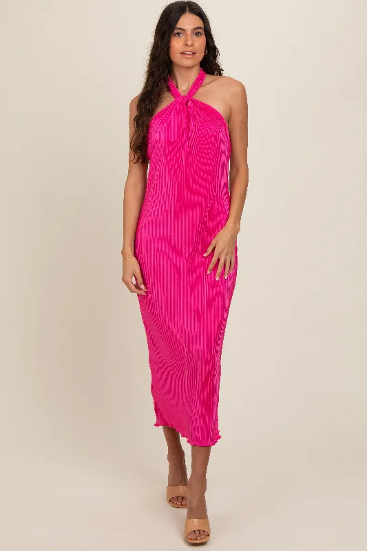 Fuchsia Knot Front Plisse Halter Midi Dress Trendy Off-Shoulder Ruffle Midi Dress