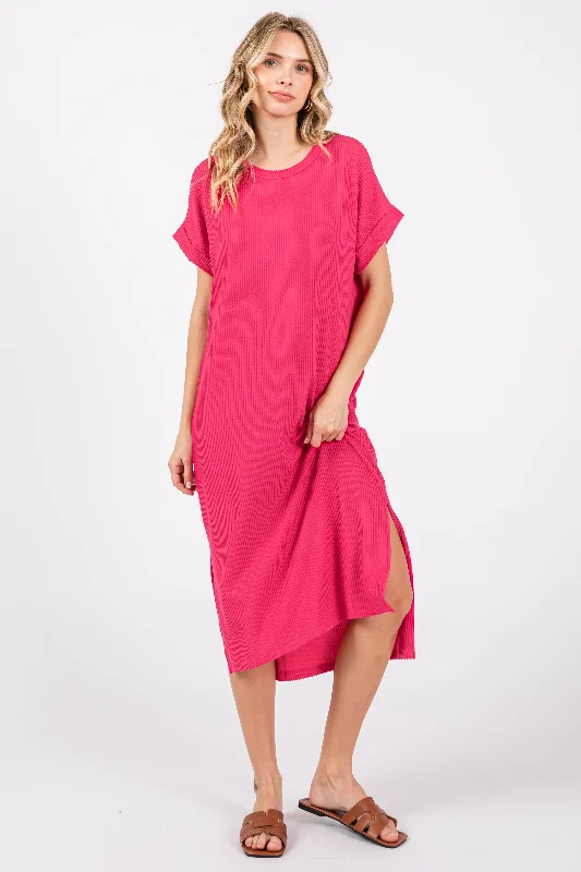 Fuchsia Ribbed Short Sleeve Midi Dress Trendy Shift Midi Dress