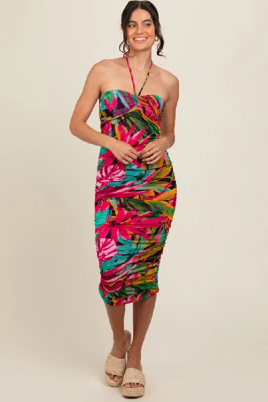 Fuchsia Tropical Halter Fitted Midi Dress Comfortable Button Front Midi Dress