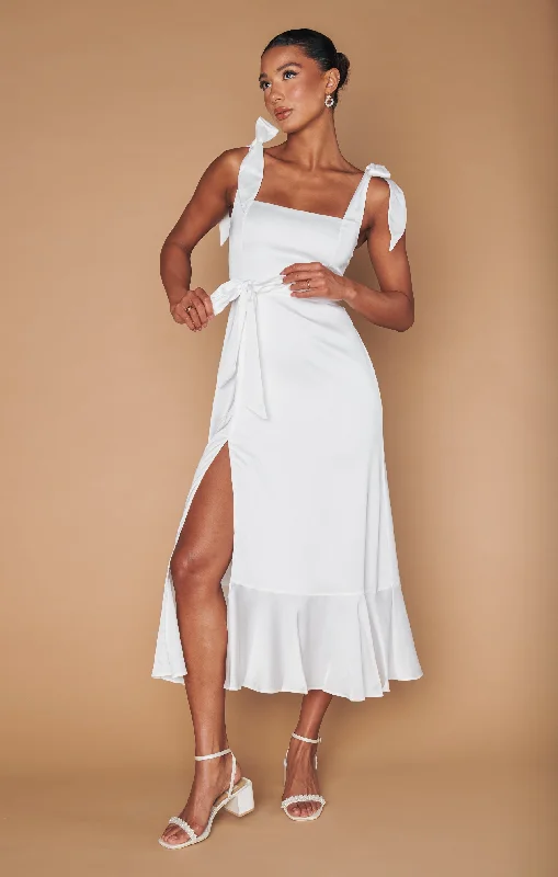 Garden Midi Dress ~ Ivory Luxe Satin Trendy Ruched Side Midi Dress