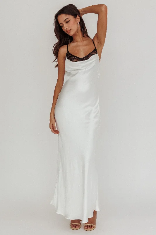 Gentle Touch Cowl Neck Satin Maxi Dress White Comfortable Pleated Maxi Dress