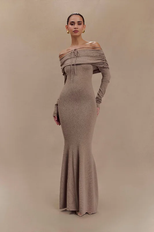 Georgiana Off Shoulder Knit Midi Dress - Stone Marle Cozy Ribbed Knit Midi Dress