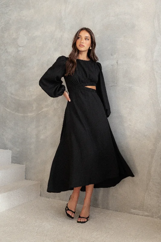 Ginnee Puff Sleeve Cutout Midi Dress - Black Fashionable Casual Midi Dress
