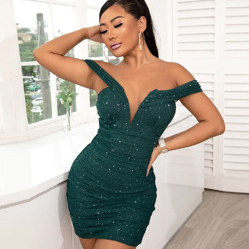 BerryBetty - Ruched V Wire Off Shoulder Bodycon Party Mini Dress - Emerald Green Trendy Wraparound Mini Dress BerryBetty - Ruched V Wire Off Shoulder Bodycon Party Mini Dress - Emerald Green Trendy Wraparound Mini Dress