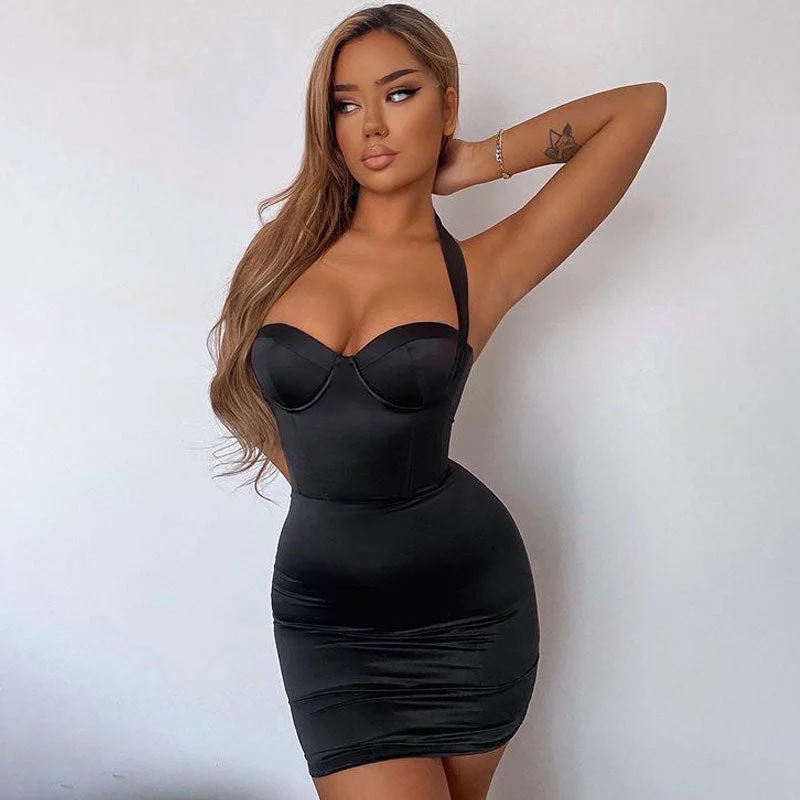 BerryBetty - Halter Neck Bustier Corset Party Mini Dress - Black Trendy Mini Dress with Belt