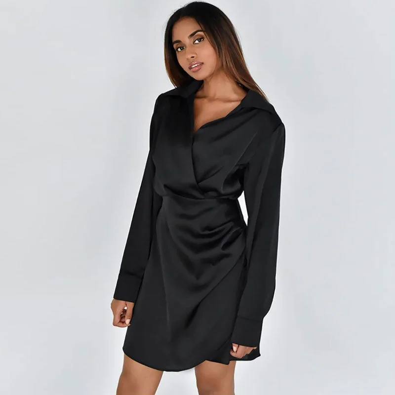 BerryBetty - V Neck Long Sleeve Shirt Mini Dress - Black Cozy Long Sleeve Mini Dress