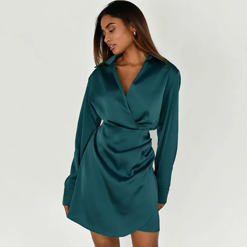 BerryBetty - V Neck Long Sleeve Shirt Mini Dress - Teal Green Elegant Mini Dress with Pleats BerryBetty - V Neck Long Sleeve Shirt Mini Dress - Teal Green Elegant Mini Dress with Pleats