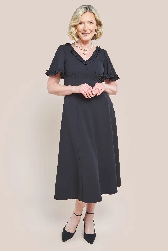 Goddiva Flare Sleeve Frill Edge Midi Dress - Black Elegant Floral Appliqué Midi Dress Goddiva Flare Sleeve Frill Edge Midi Dress - Black Elegant Floral Appliqué Midi Dress