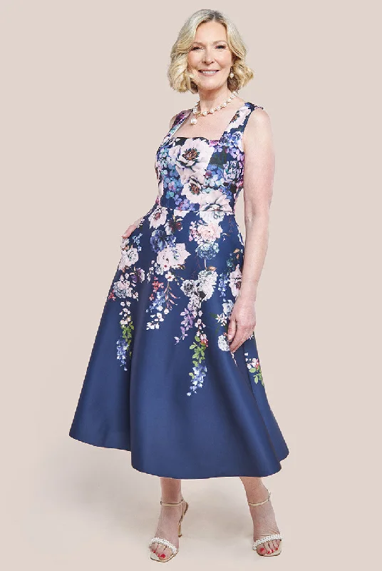 Goddiva Scuba Foam Floral Midi Dress - Navy Comfortable Knitwear Midi Dress