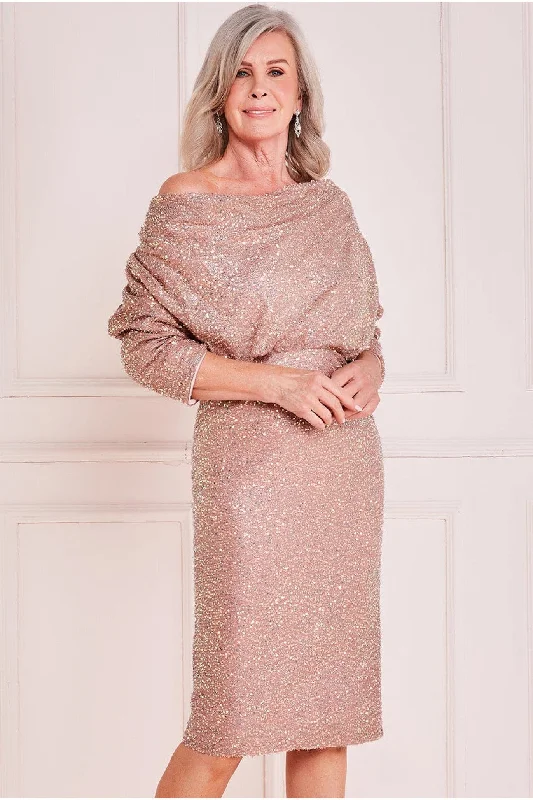 Goddiva Velvet & Sequin Cowl Midi Dress - Nude Stylish Color Block Midi Dress