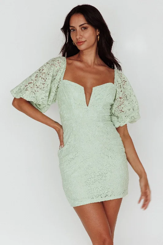 Good Vibes Puff Sleeve Deep V-Neckline Lace Mini Dress Sage Comfortable Linen Mini Dress