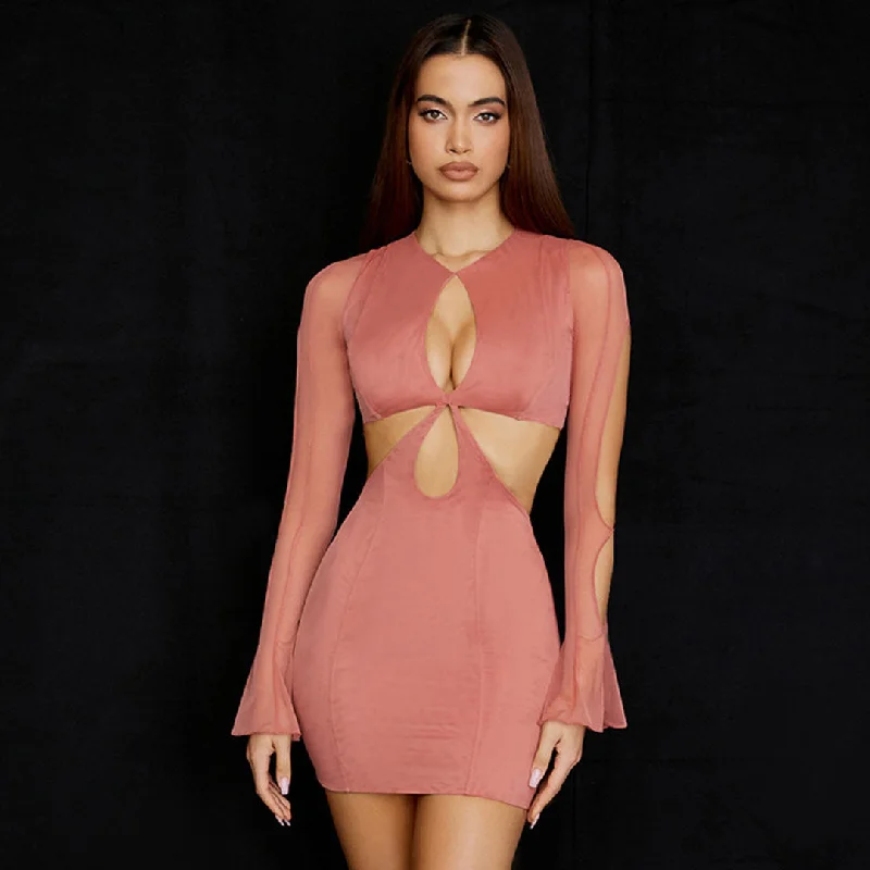 BerryBetty - Round Neck Long Sleeve Cut Out Bodycon Mini Dress - Coral Pink Chic Bohemian Mini Dress