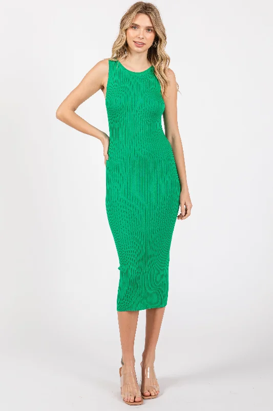 Green Sleeveless Ribbed Midi Dress Trendy Tiered Hem Midi Dress