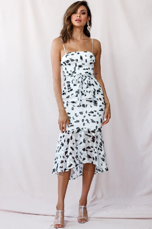 Hadassah High-Low Fluted Hem Midi Dress Animal Print White Stylish Satin Midi Dress