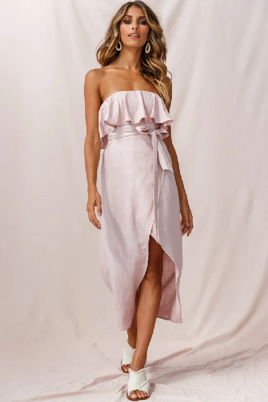 Hamilton Bandeau Ruffle Midi Dress Blush Comfortable Draped Midi Dress