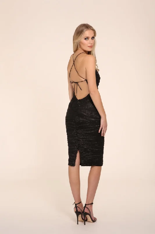 HARLEY BLACK SEQUIN BACKLESS MIDI DRESS Comfortable Fit-and-Flare Midi Dress
