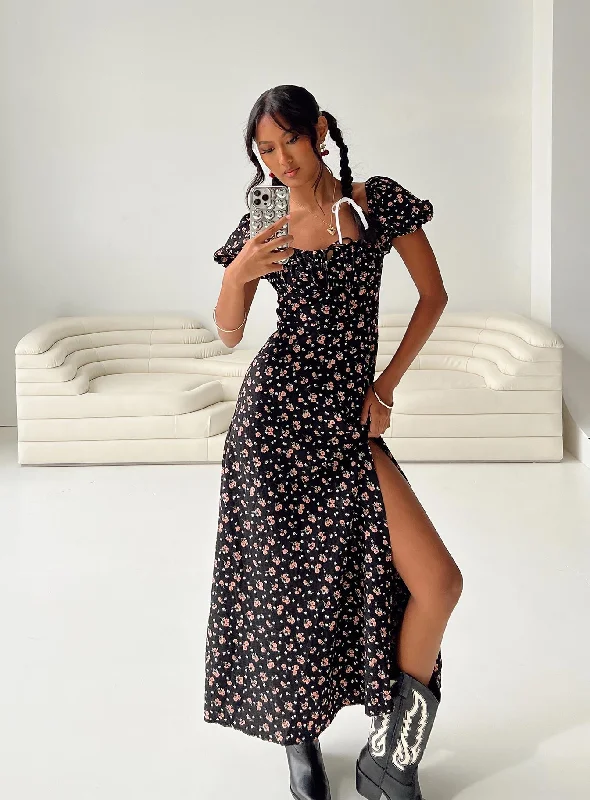 Hauser Maxi Dress Black Floral Casual Maxi Dress with Pockets