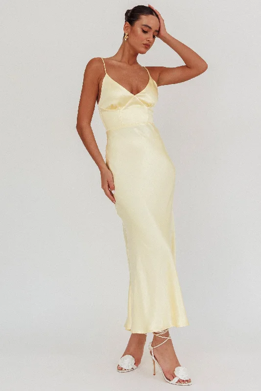 Hold Me Satin Backless Maxi Dress Lemon Elegant Tiered Maxi Dress