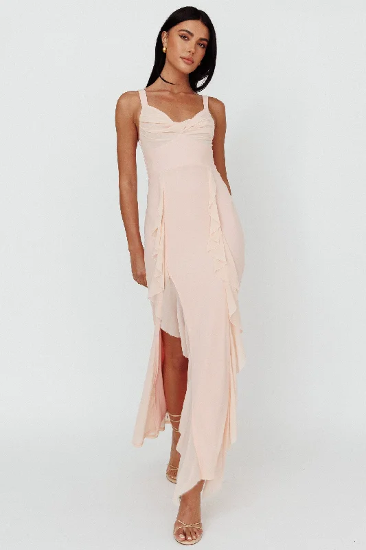 Hollianna Ruffle Trim Split Maxi Dress Champagne Cozy Wrap Maxi Dress
