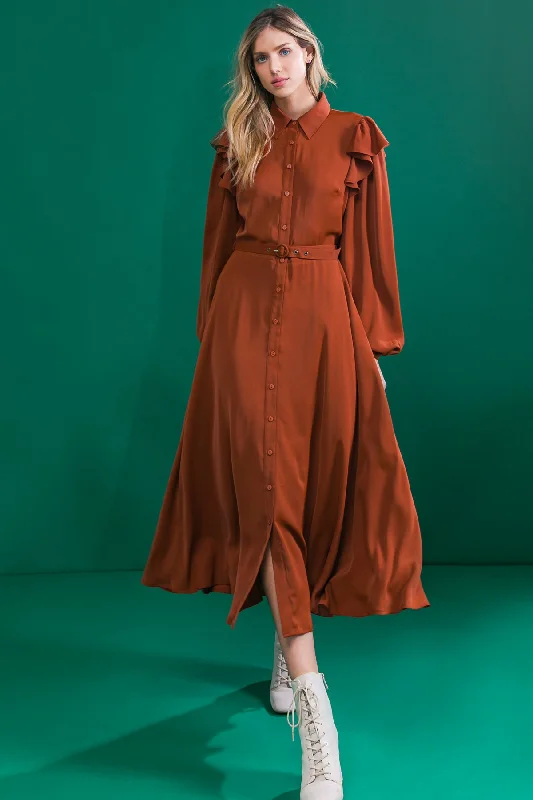 TIER ELEGANCE BROWN WOVEN MIDI DRESS Chic Floral Print Midi Dress