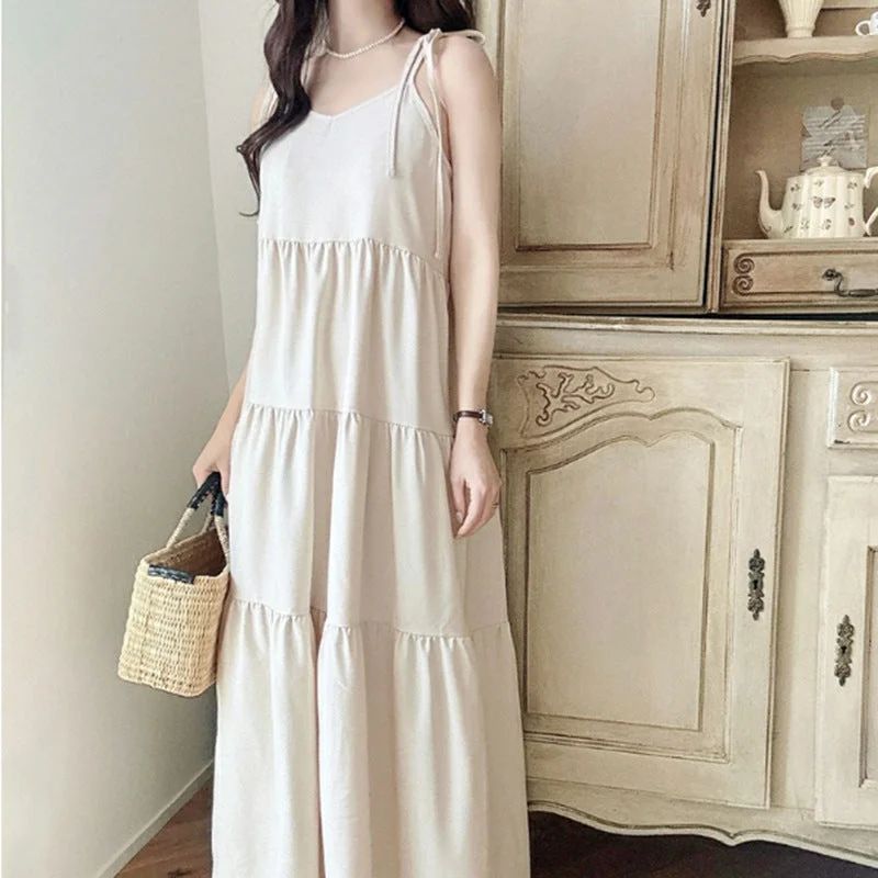 IKEARLAX Summer Popular  Strap Dress Retro V-neck Easy to Match Sweet Solid Color Midi Dress Cake Dress Women's Comfortable Stretch Midi Dress