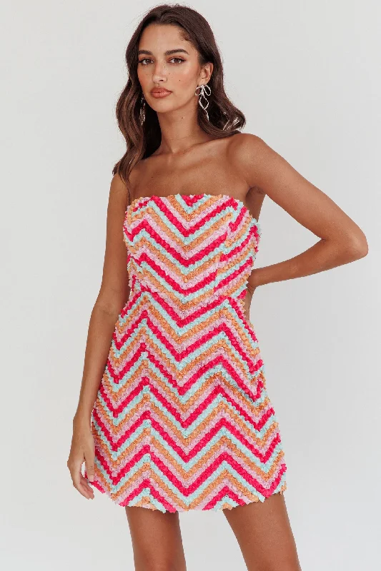 In Paris Embellished Chevron Mini Dress Fuchsia Elegant Off-Shoulder Dress Mini