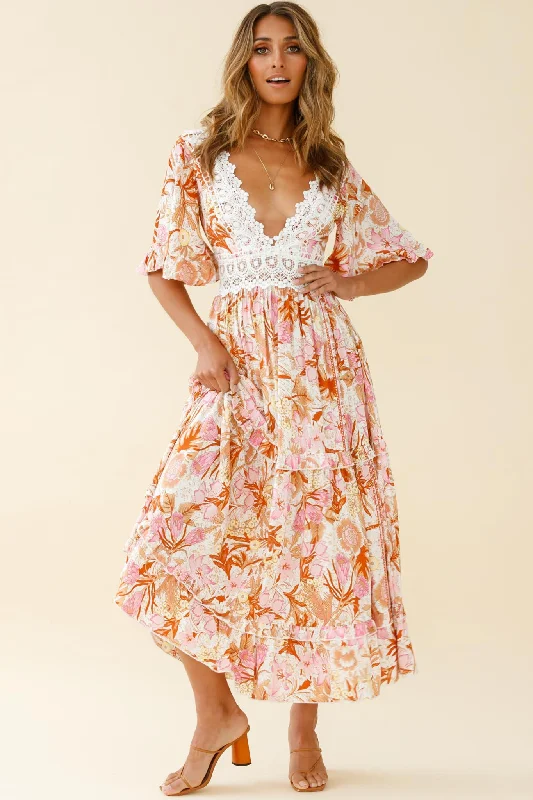 Indio Crochet Insert Deep V-Neckline Angel Sleeve Maxi Dress Floral Print Pink Cozy Knit Maxi Dress Indio Crochet Insert Deep V-Neckline Angel Sleeve Maxi Dress Floral Print Pink Cozy Knit Maxi Dress
