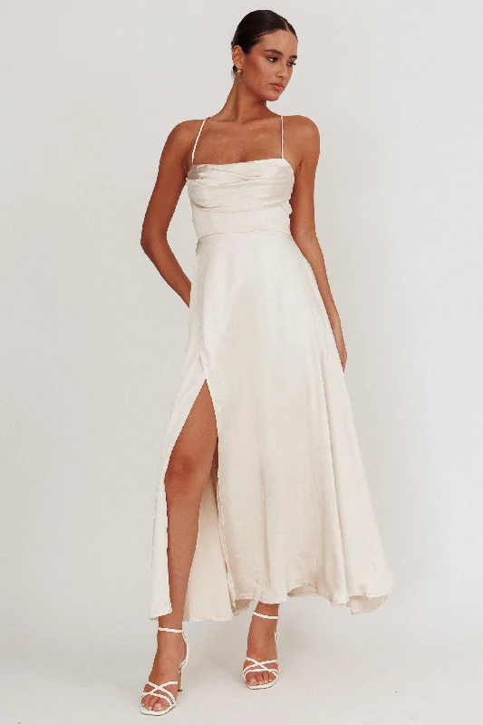 Inner Light Gathered Bust Split Maxi Dress Champagne Trendy Maxi Dress with Bow