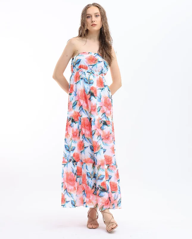 Rareism Women Izabelle Multi Cotton Fabric Sleeveless Tube Neck Shoulder Straps Fit And Flare Floral Print Maxi Dress Comfortable T-Shirt Maxi Dress