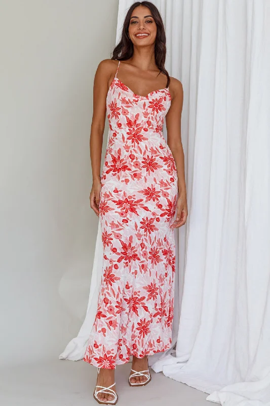 Janaina Tie-Up Back Maxi Dress Floral Red Stylish Maxi Dress with Frills