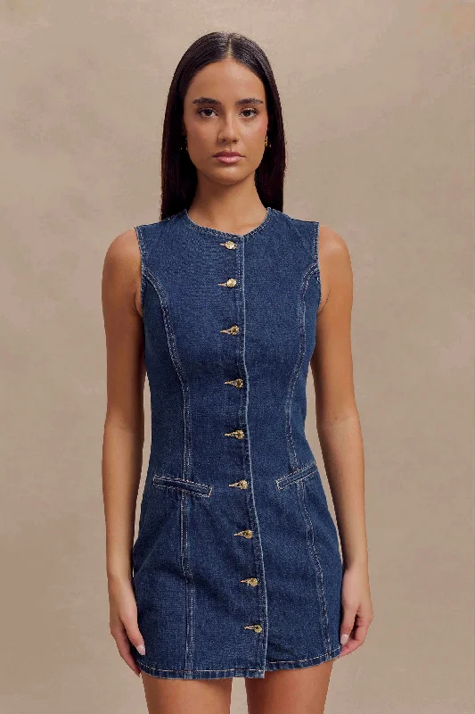 Jane Button Down Denim Mini Dress - Dark Blue Casual Button-Up Mini Dress