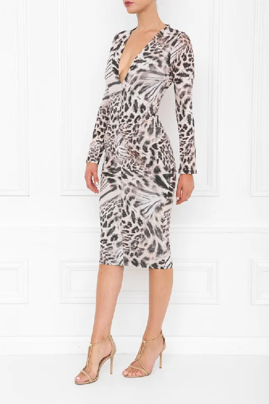 JENNY LEOPARD PRINT PLUNGE MIDI DRESS Comfortable Lace-Up Midi Dress