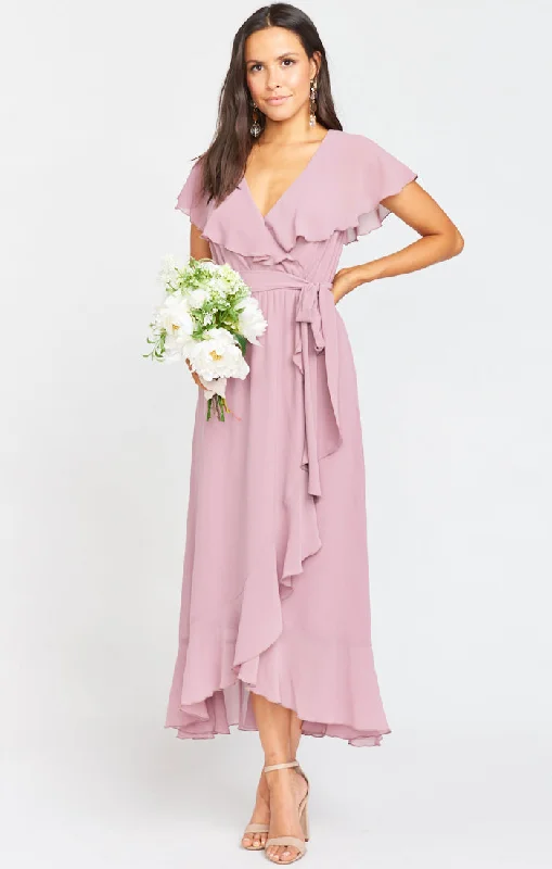 Jess Ruffle Midi Dress ~ Antique Rose Chiffon Trendy Smocked Detail Midi Dress