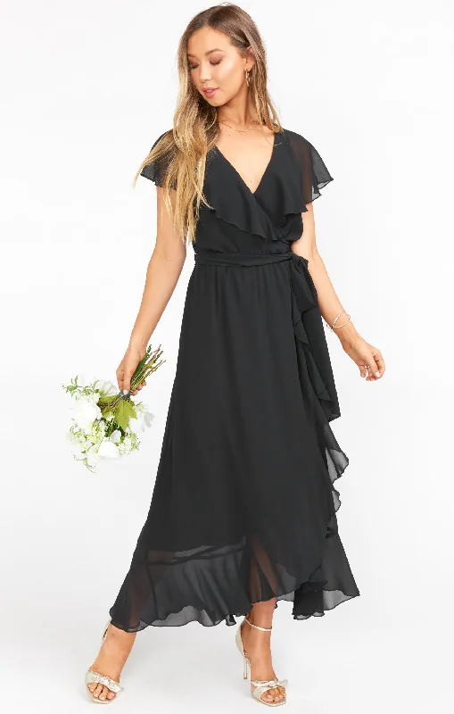 Jess Ruffle Midi Dress ~ Black Chiffon Stylish Midi Dress with Cuffs