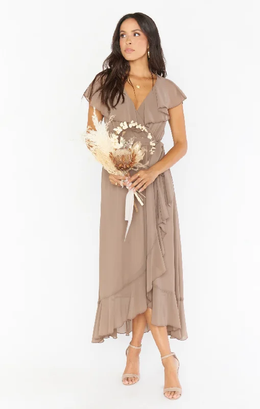 Jess Ruffle Midi Dress ~ Dune Chiffon Trendy Fit-and-Flare Midi Dress